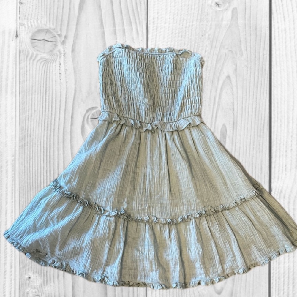 smocked strapless sage green dress